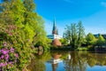 View of the pond and St. Lamberti Church of Oldenburg, Germany Royalty Free Stock Photo
