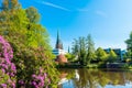 View of the pond and St. Lamberti Church of Oldenburg, Germany Royalty Free Stock Photo