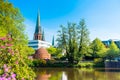 View of the pond and St. Lamberti Church of Oldenburg, Germany Royalty Free Stock Photo