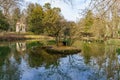 Pond, temple, and geese in the Monza Park