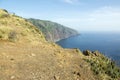 View from Ponta do Pargo view point, view over the cliff, amazing wild nature greenery, blue deep Atlantic ocean, Madeira island