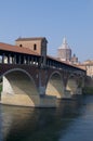 View of the Ponte Coperto bridge and the Cathedral of Pavia