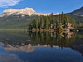 View of popular Emerald Lake in Yoho National Park, Canada in the Rocky Mountains with lodge, trees and Wapta Mountain. Royalty Free Stock Photo