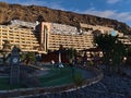 View of popular Hotel Paradise Lago Taurito in southern Gran Canaria, Spain in the evening with minigolf course.