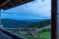 View from the porch of the hut. View of the mountains from the hut. View of the landscape from the hut. Morning in the mountains Royalty Free Stock Photo