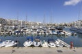 View of the port in the Bay of Zea with moored yachts, Athens, Piraeus, Greece