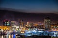 View of the port and buildings of Genoa Genova, by night, Italy. Royalty Free Stock Photo