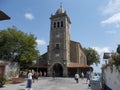 View of the port and the church of the small town of Luanco in Asturias, Spain. Europe.