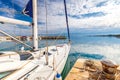 View on port with detail of docked sailboat in Privlaka village Royalty Free Stock Photo