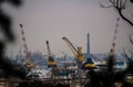 View of the port of Genoa and its cranes in Liguria in Italy