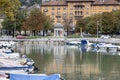 View of port and moored boats on Mrtvi Kanal and Chapel of St. John of Nepomuk, Rijeka, Croatia