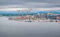 View of the port, wharf with steamships, yachts, boats and sailboats and coastal areas of one northern European city, sum