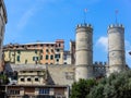 View of Porta Soprana or Saint Andrew`s Gate ith a part of old city in Genoa, Italy Royalty Free Stock Photo