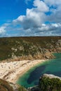 View of the Porthcurno Beach nad Logan Rock, Lands End, Cornwall, England Royalty Free Stock Photo