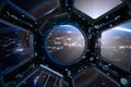 View from a porthole of space station on the Earth background. Royalty Free Stock Photo