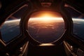 View from the porthole of a spaceship at dawn over the planet. Generative ai