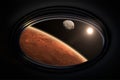 View from porthole of a spaceship to Mars and Phobos Royalty Free Stock Photo