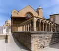 View of the portico of the San Pedro church in the historic city center of Olite