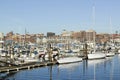 View of Portland Harbor boats with south Portland skyline, Portland, Maine