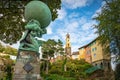 View on the Portmeirion village and an Hercules statue Royalty Free Stock Photo