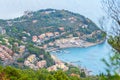 View of Portovenere or Porto Venere town on Ligurian coast from from Muzzerone mountain. Italy Royalty Free Stock Photo