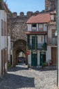 View of portuguese traditional buildings road inside Braganca castle fortress, front gate entrance fortress and portuguese