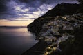 View of Positano town at sunset along the Amalfi coastline in Salerno province, Campania, Italy Royalty Free Stock Photo