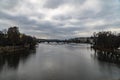 View of Prague from the bridge, Prague bridges on moldava with traffic