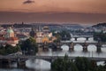 View of the Prague bridges with orange sky from above Royalty Free Stock Photo