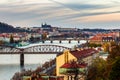 View of the prague castle and railway bridge over vltava/moldau river taken from the vysehrad castle in prague