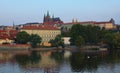 View of the Prague Castle with Saint Vitus Cathedral in the historic city center in Prague by the Vltava River with swimming swans Royalty Free Stock Photo