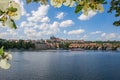 View of Prague on natural frame of leaves Royalty Free Stock Photo