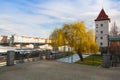 View on the Prague panorama with Jirasek bridge after rain.