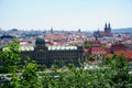 View of Prague and river Vltava with ships and amazing buildings with red roofs.