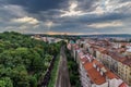 View of Prague taken from Nuselsky bridge on sunset captures typical local architecture from aerial perspective