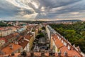 View of Prague taken from Nuselsky bridge on sunset captures typical local architecture from aerial perspective