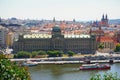 View of Prague with Vltava and amazing buildings with red roofs.