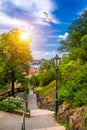 View of Prague from Vysehrad with bridges over Vltava river, Prague castle in the background in the evening and a lantern in the Royalty Free Stock Photo