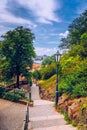 View of Prague from Vysehrad with bridges over Vltava river, Prague castle in the background in the evening and a lantern in the Royalty Free Stock Photo