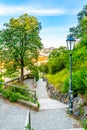 View of Prague from Vysehrad with bridges over Vltava river, Prague castle in the background in the evening and a Royalty Free Stock Photo