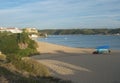 View of Praia da Franquia sand beach at Vila Nova de Milfontes with Mira river firth, Forte de Milfontes and green Royalty Free Stock Photo