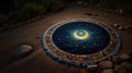 A prayer rug laid out on a quiet stone path under a glowing crescent moon Royalty Free Stock Photo