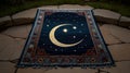 A prayer rug laid out on a quiet stone path under a glowing crescent moon Royalty Free Stock Photo