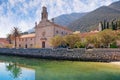 View of Prcanj town and St. Nicholas Church. Montenegro, Kotor Bay