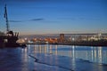 View of the Pregolya River and the city in the distance in the t wilight of spring day. Kaliningrad Royalty Free Stock Photo