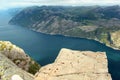 View of Preikestolen Preacher`s Pulpit rock over Lysefjord, Norway Royalty Free Stock Photo