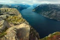 View of Preikestolen Preacher`s Pulpit rock over Lysefjord, Norway Royalty Free Stock Photo