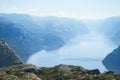 View from Preikestolen pulpit-rock cliff in Norway.