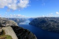 View from Preikestolen pulpit rock, Lysefjord in the background, Rogaland county, Norway