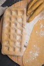 View of the preparation of homemade stuffed ravioli. Royalty Free Stock Photo